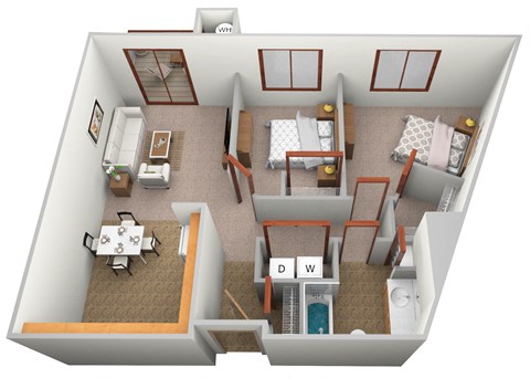 Floor plan for 2 beds, 2 baths, 981 sqft